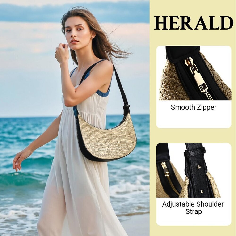 Women Black Herald Crescent Straw Bag Chic Summer Shoulder Purse - Picture 6 of 9